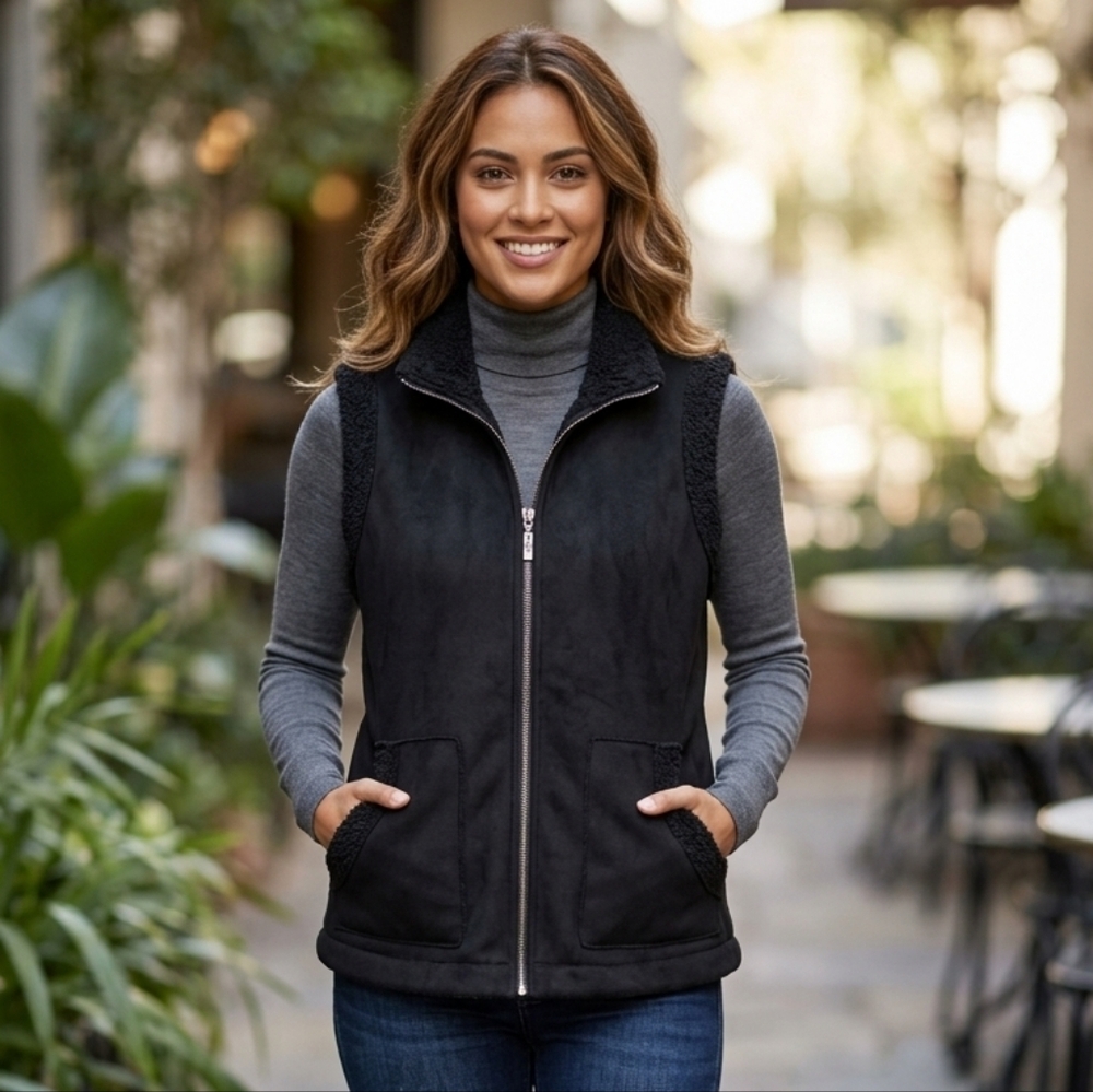 Susan Graver Weekend‎ Black Sherpa-Lined Zip Front Vest  Womens Sz XL Outdoor